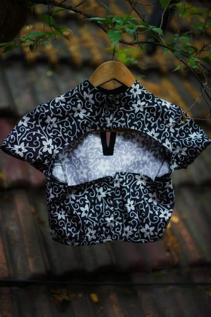 Black and white floral cotton lycra hi neck blouse 1