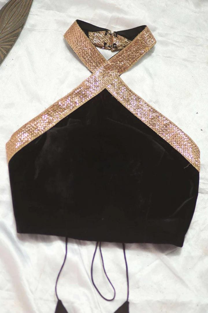 Black velvet halter neck blouse with sequin border 1