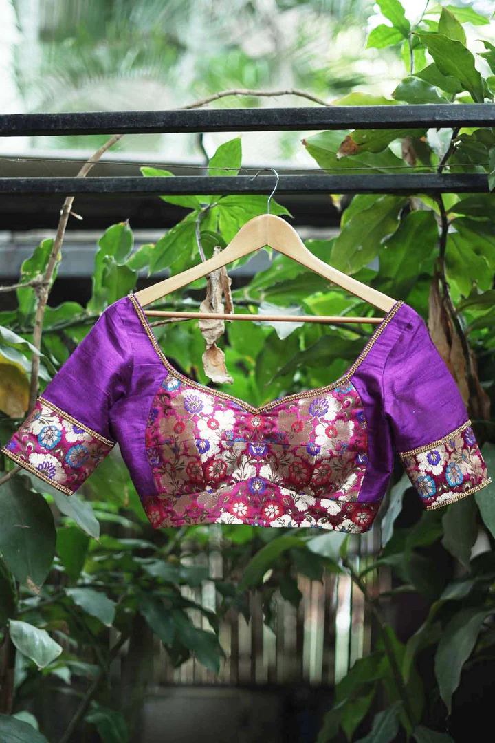 Dark pink floral banarasi brocade with purple rawsilk sweetheart neck blouse 1