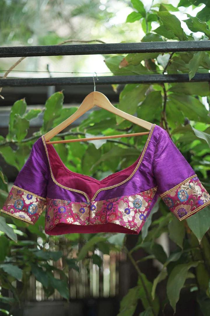 Dark pink floral banarasi brocade with purple rawsilk sweetheart neck blouse 2