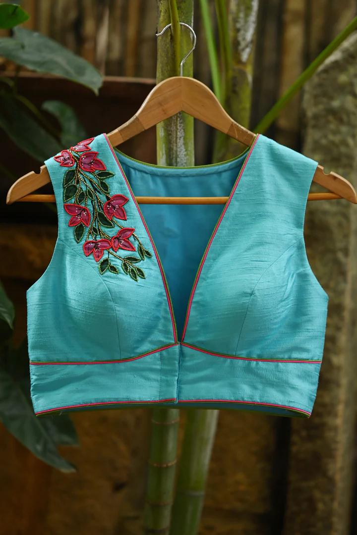 Light blue raw silk V neck blouse with hand painted and embroidered bougainvillea 1