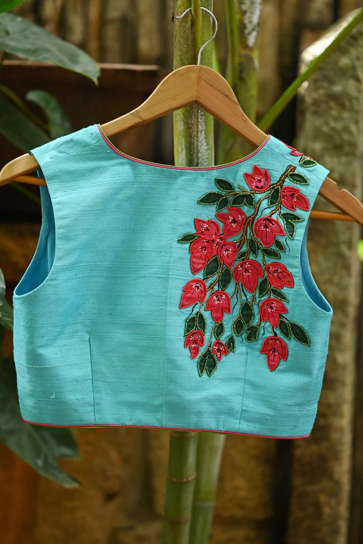 Light blue raw silk V neck blouse with hand painted and embroidered bougainvillea 2