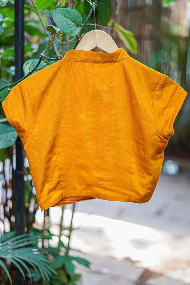 Mustard soft cotton hi neck blouse with gold lace and pom pom detailing 2