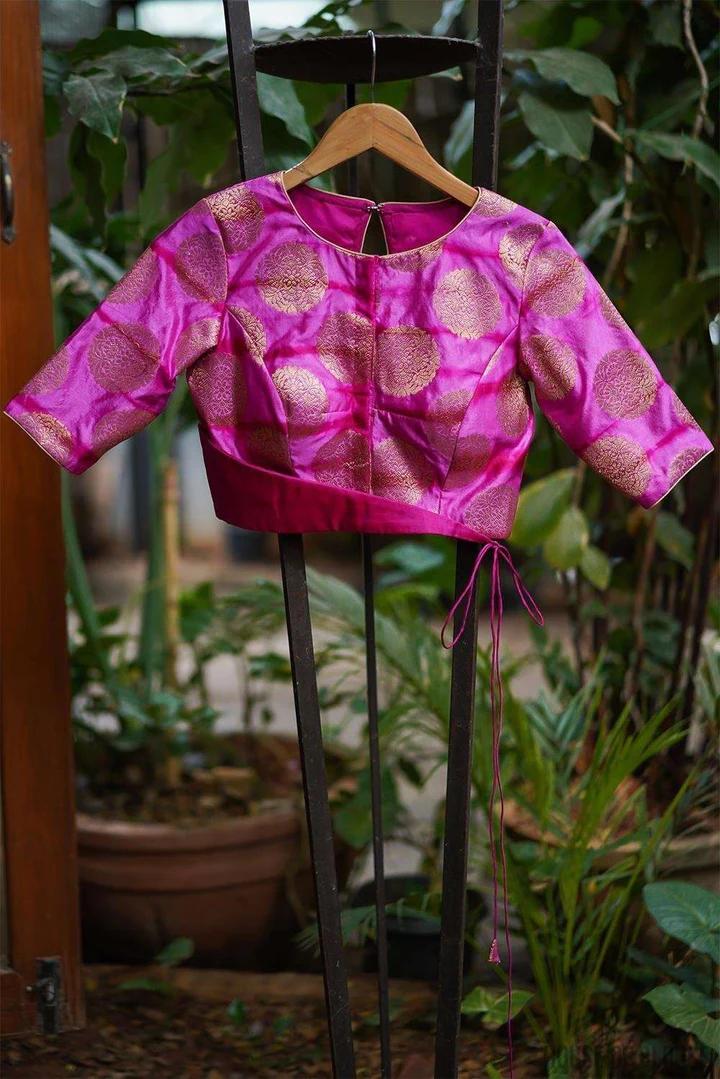 Pink and purple shibori shaded brocade belted blouse 1