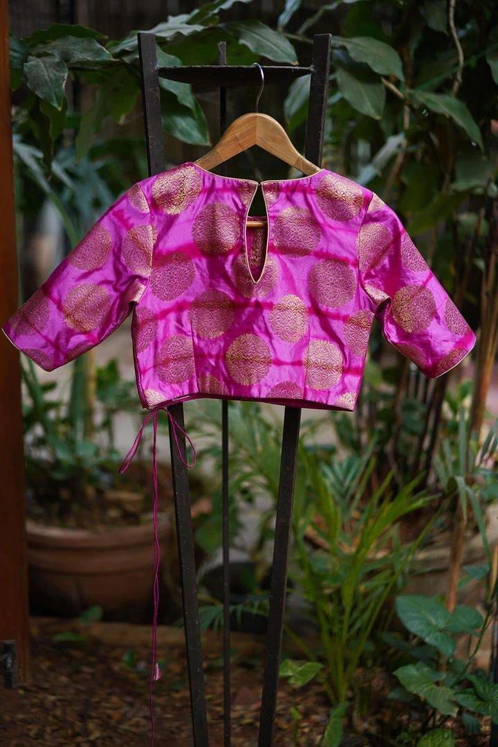 Pink and purple shibori shaded brocade belted blouse 2