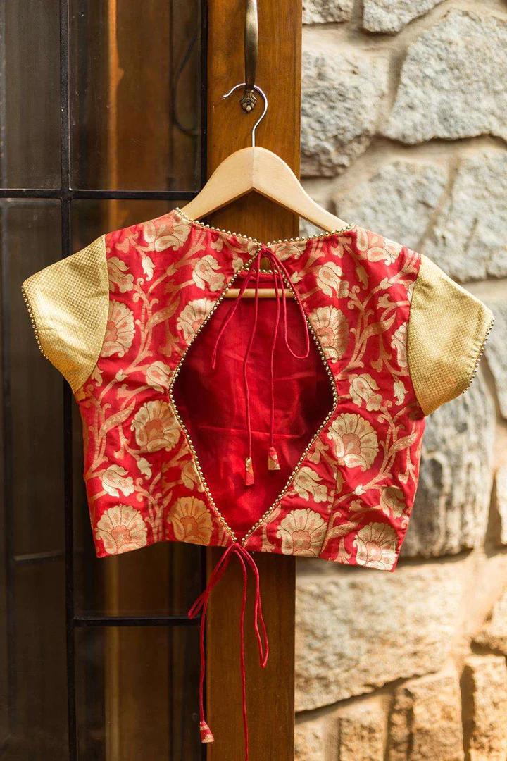 Red brocade closed neck blouse with gold brocade sleeves 2