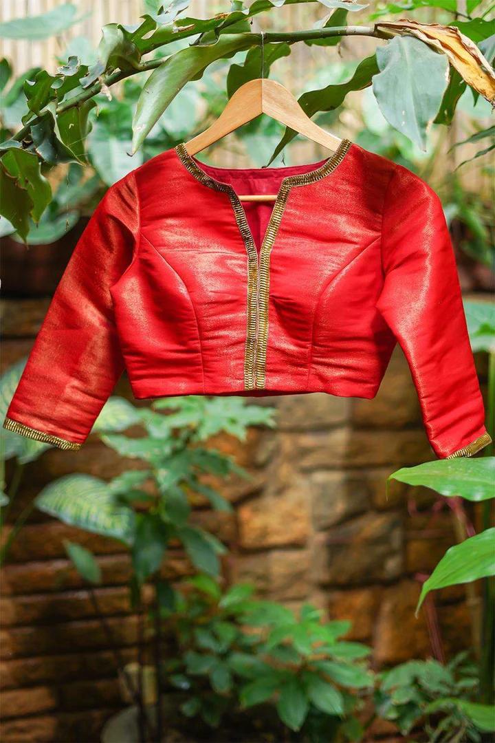 Red-gold tissue brocade blouse with gota lace detailing 1