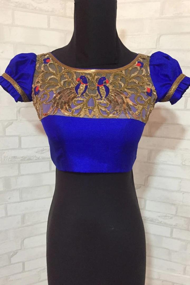 Royal blue pure silk blouse with embellished yoke 1