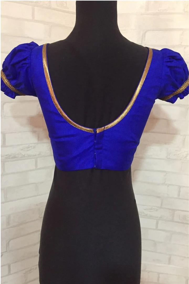 Royal blue pure silk blouse with embellished yoke 2