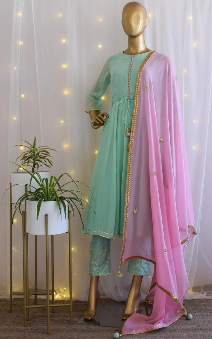 Green Anarkali Pant Set with Pink Gota Patti Dupatta (1)