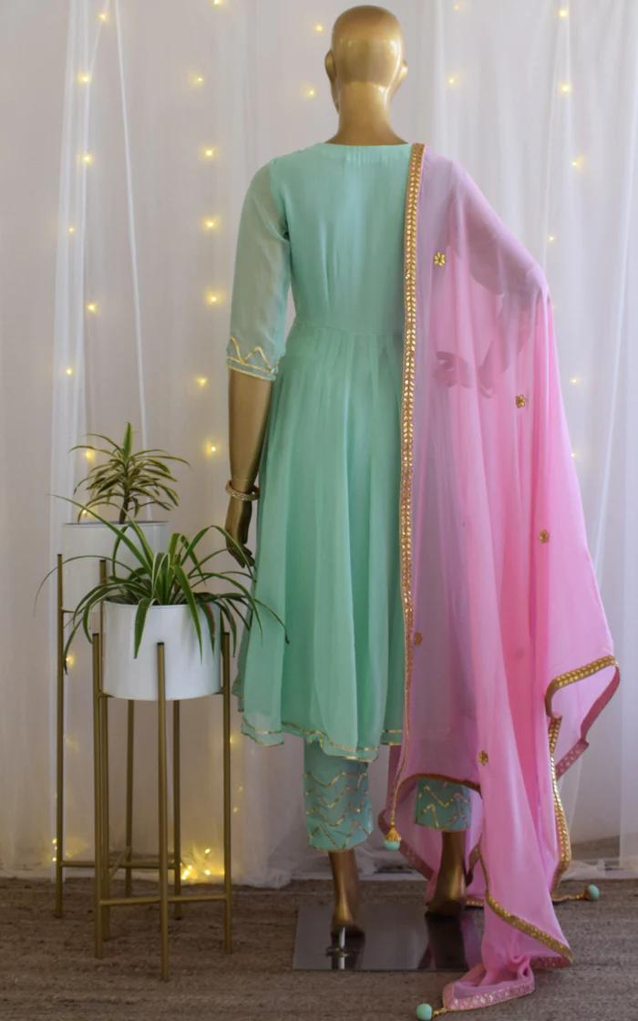 Green Anarkali Pant Set with Pink Gota Patti Dupatta (3)