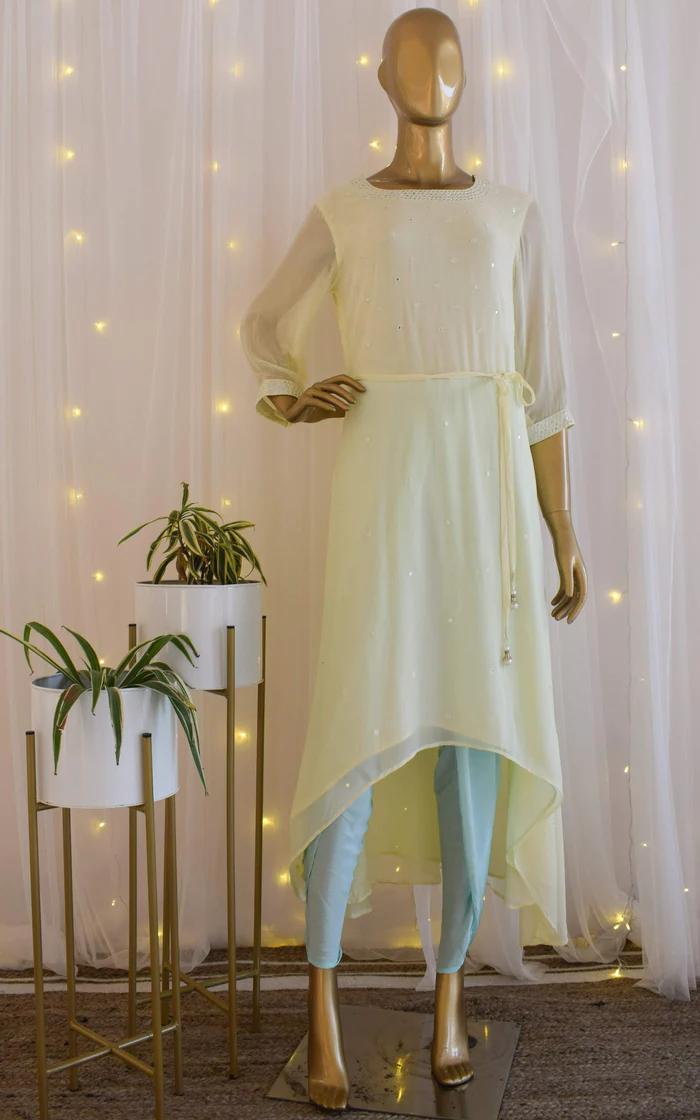 Lime n Mint Mirrorwork Long Kurti with Dhoti Pants (1)