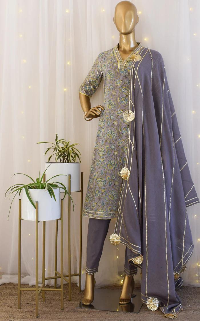 Mauve Block Print Cotton Kurta Set 1