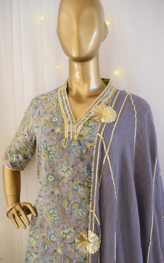 Mauve Block Print Cotton Kurta Set 2