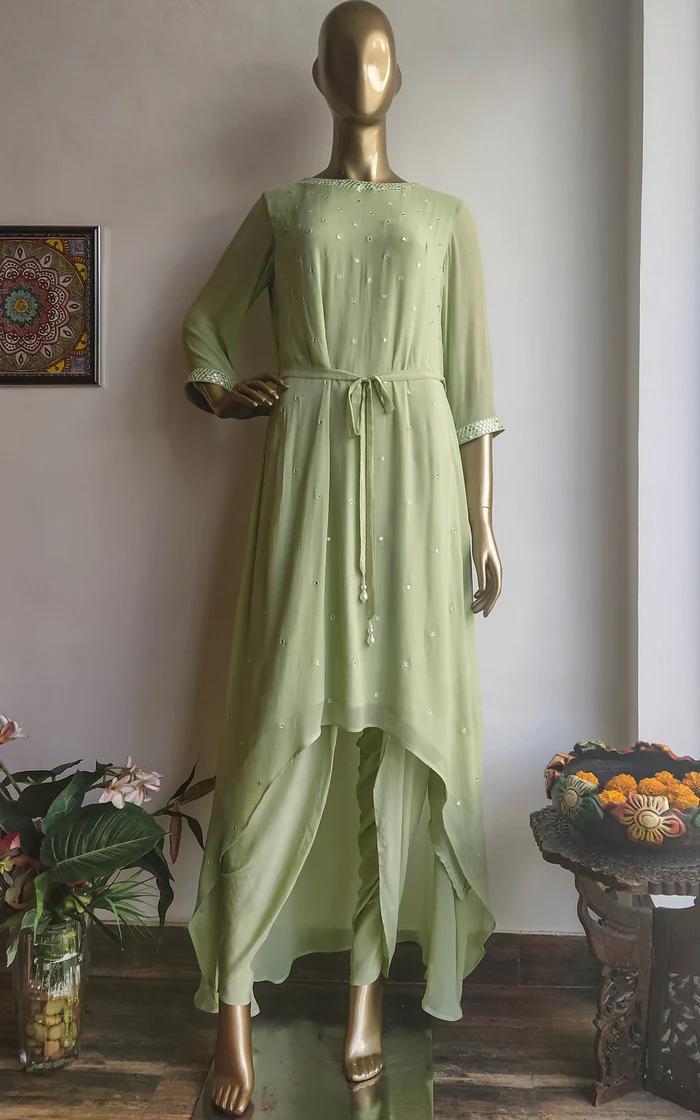 Pastel Green Mirrorwork Long Kurti with Dhoti Pants (1)
