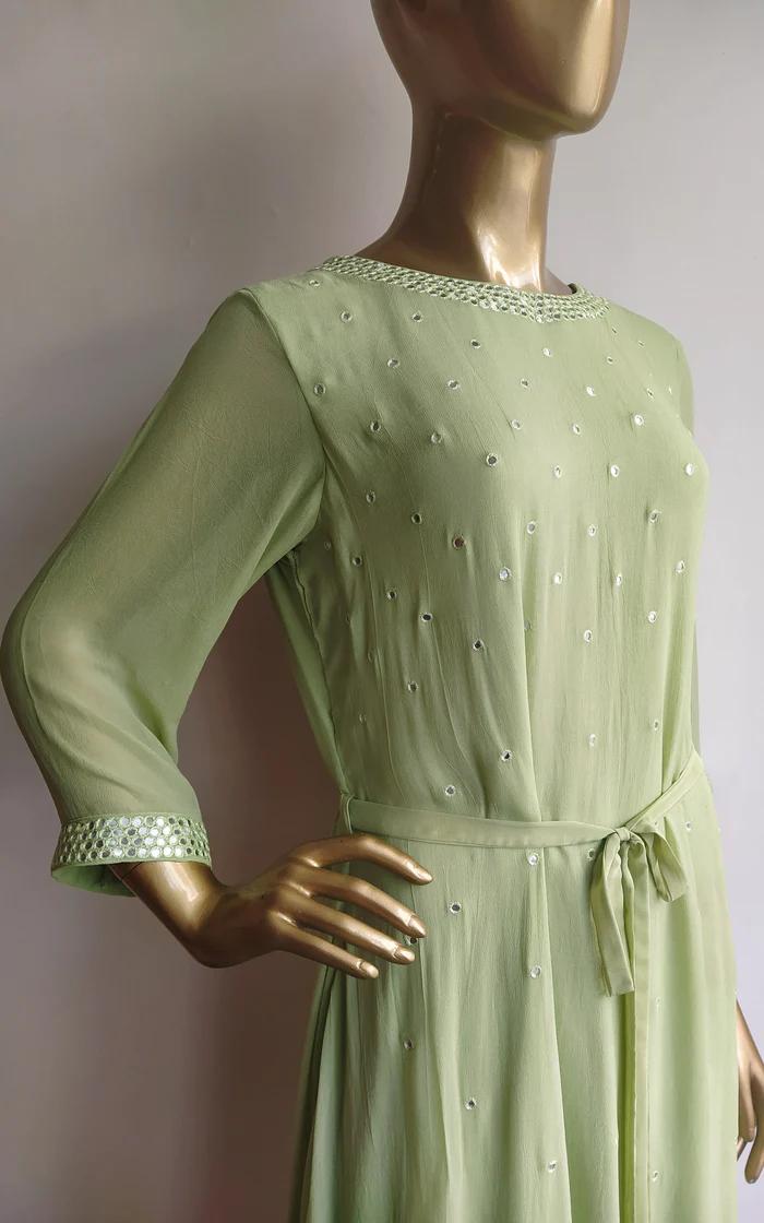 Pastel Green Mirrorwork Long Kurti with Dhoti Pants (2)