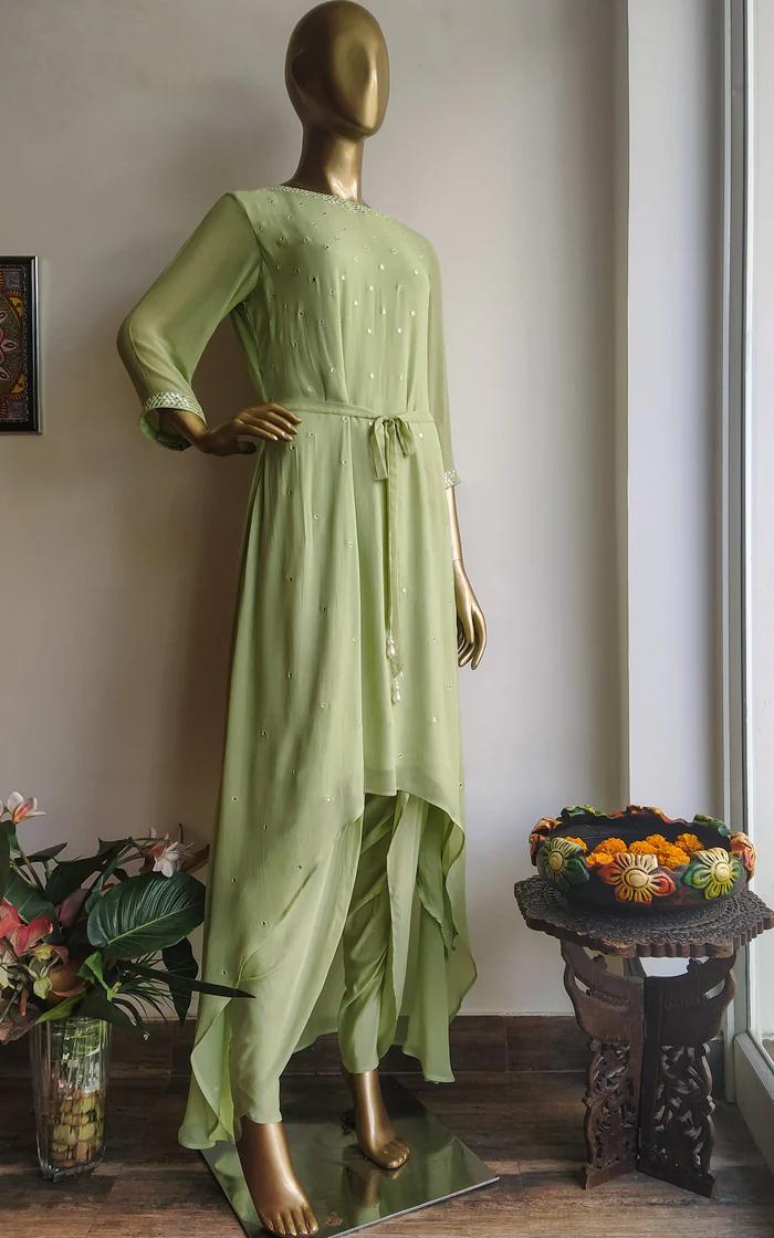 Pastel Green Mirrorwork Long Kurti with Dhoti Pants (3)