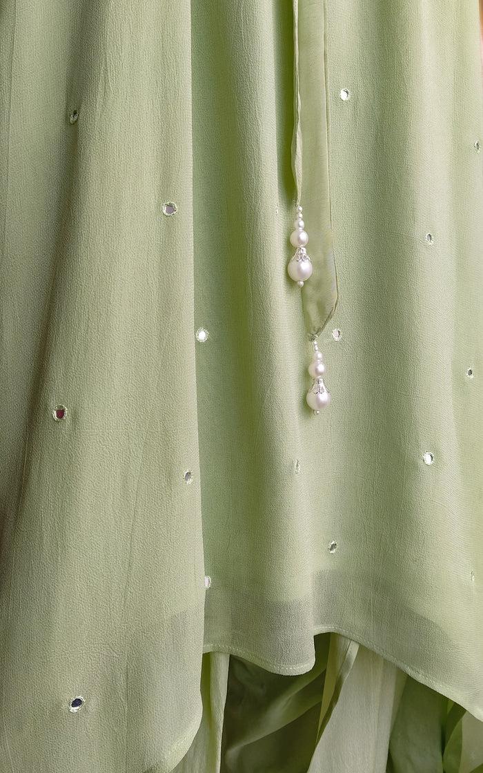 Pastel Green Mirrorwork Long Kurti with Dhoti Pants (4)