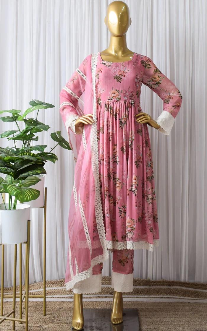 Pink Floral Anarkali With Pants (2)