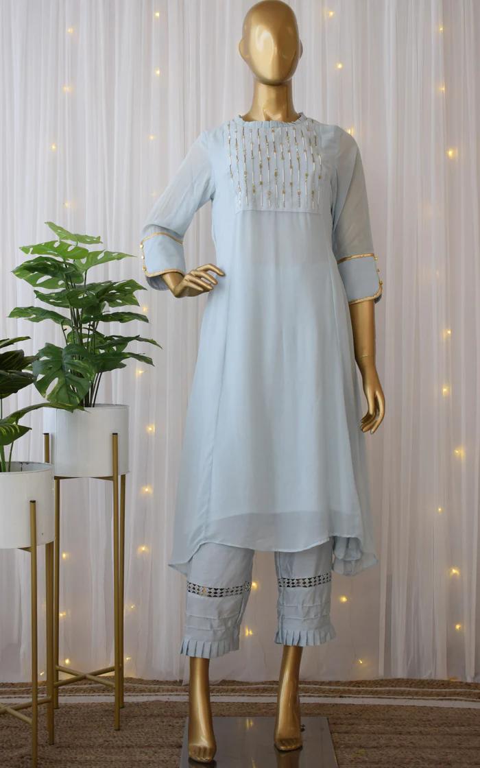 Powder Blue Handwork Tunic and Pant Set 1