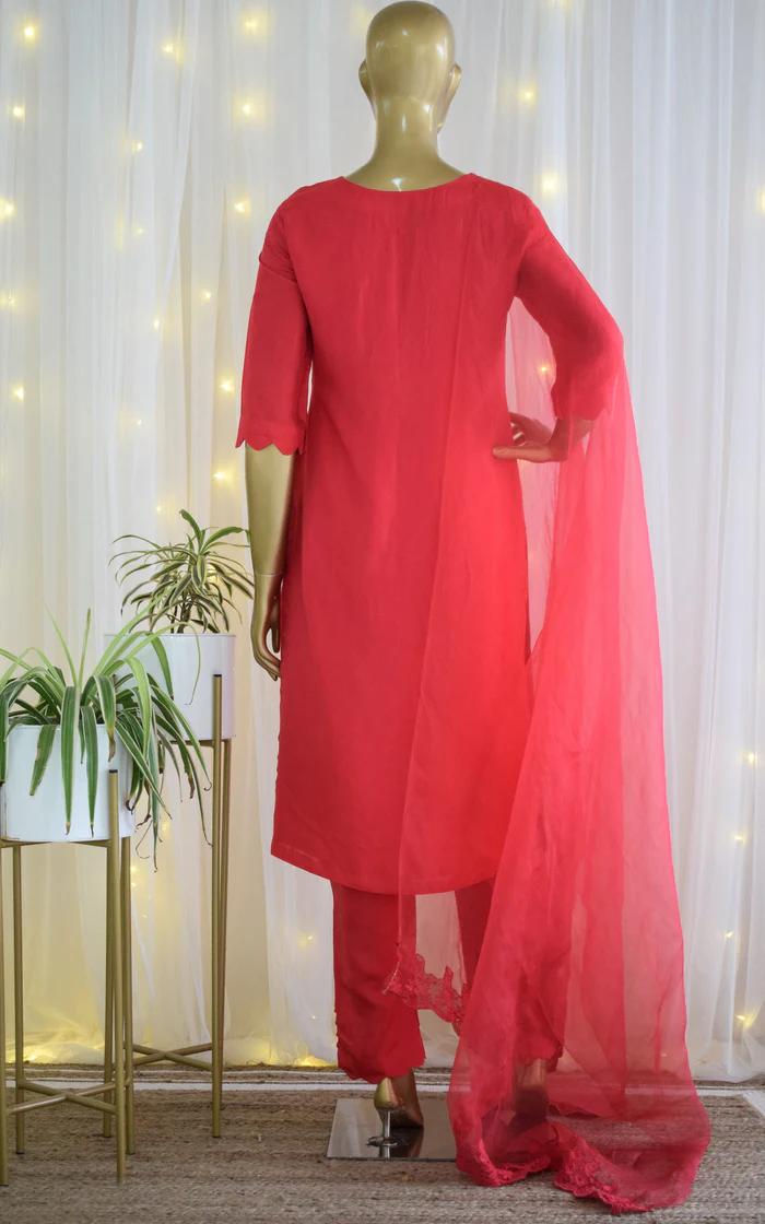 Red Kurta-Pant Set with Organza Dupatta (3)