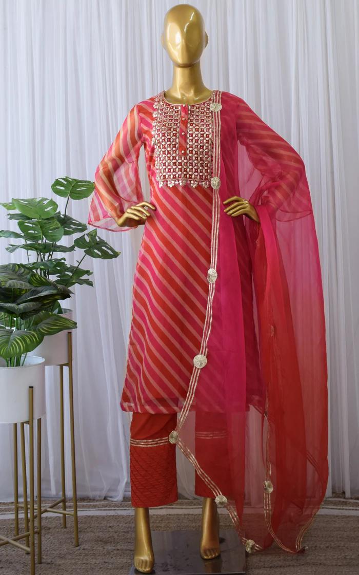 Red-Pink Leheriya Organza Kurta Pant Set (1)