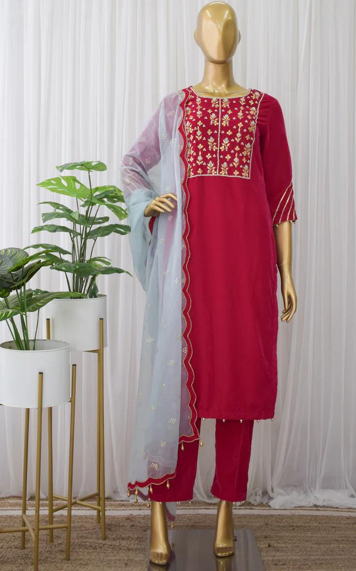 Ruby Pink Velvet Kurta _ Pant (1)