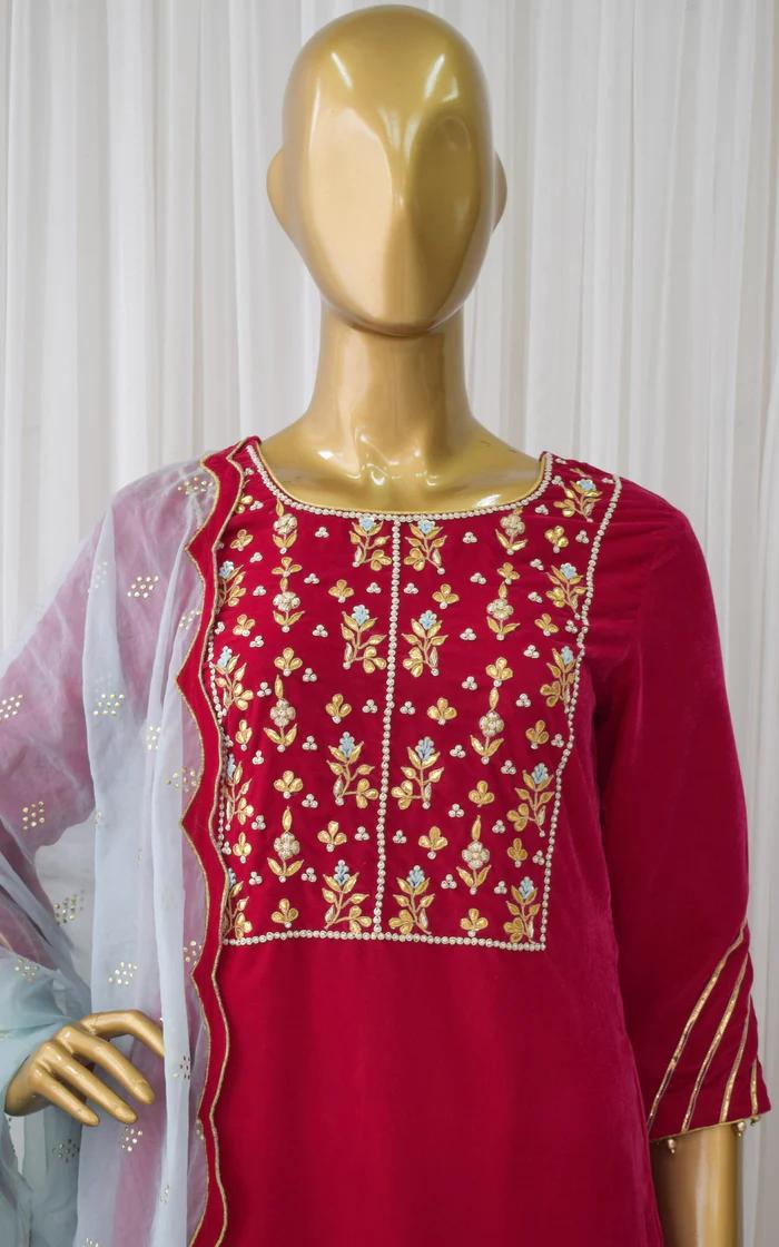 Ruby Pink Velvet Kurta _ Pant (2)