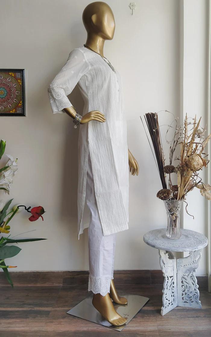 White Cotton Pintucks Kurta and Pant Design (2)
