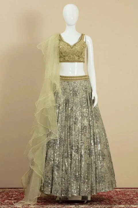 Green Pearl and Stone Partywear Lehenga Stitching Design