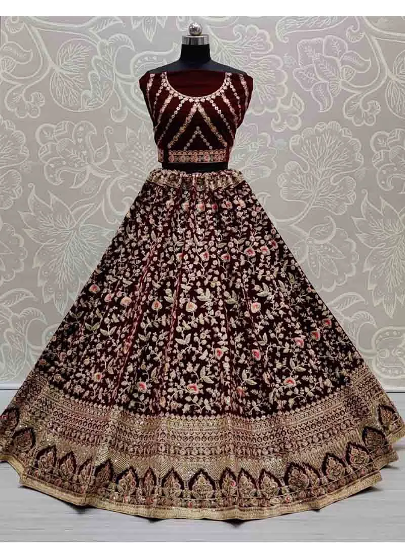 Maroon Floral Bridal Lehenga Stitching Design
