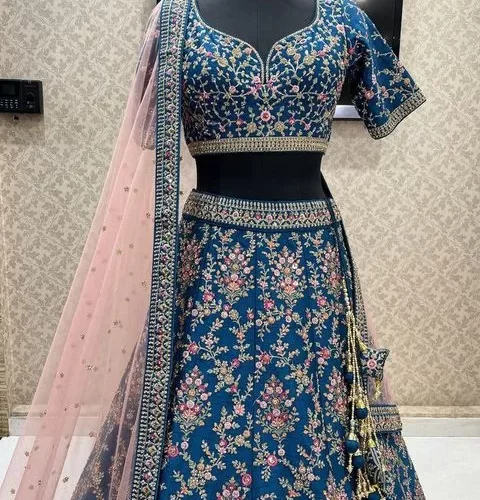 Peacock Blue Bridal Lehenga Stitching Closeup Design