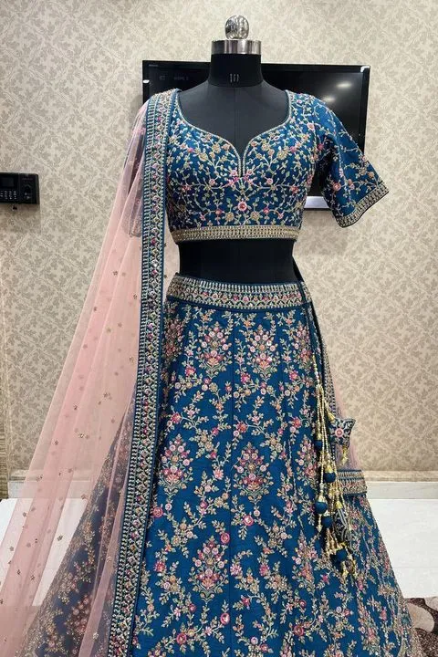Peacock Blue Bridal Lehenga Stitching Closeup Design