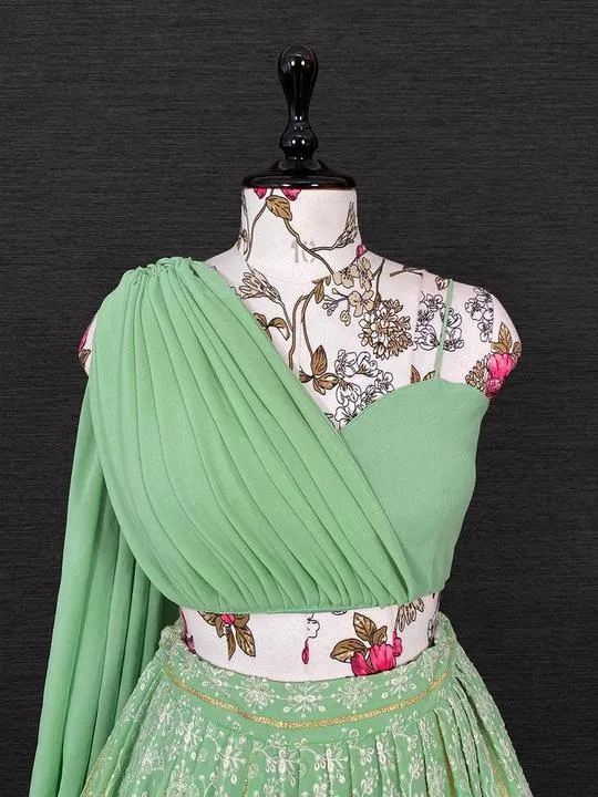 Pista Green Partywear Lehenga Stitching Blouse Design