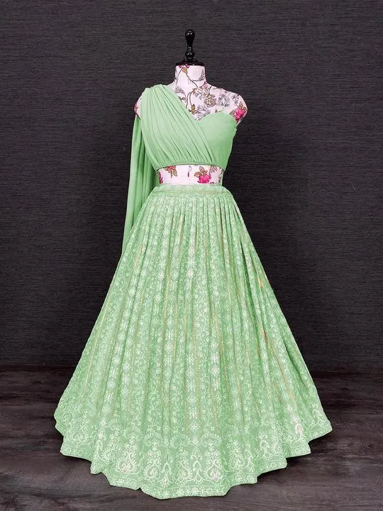 Pista Green Partywear Lehenga Stitching Design