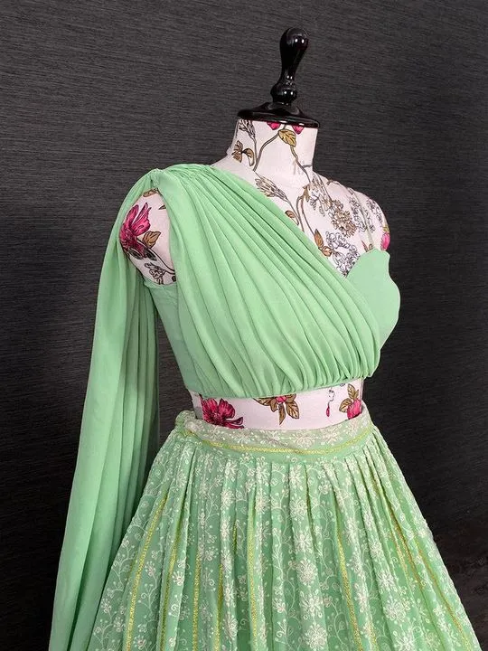 Pista Green Partywear Lehenga Stitching Side Design