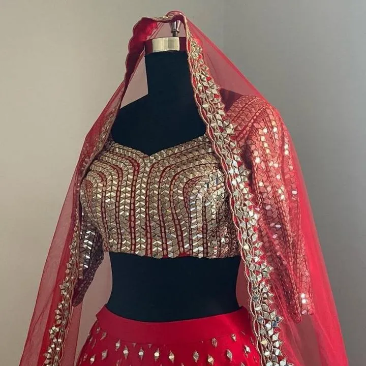 Red Mirror Work Lehenga Stitching Blouse Design