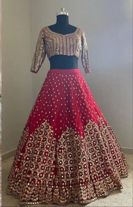 Red Mirror Work Lehenga Stitching Design