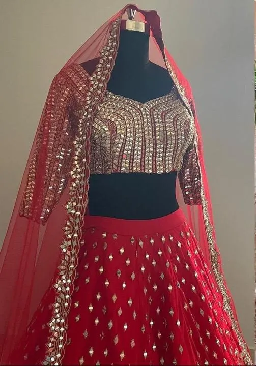 Red Mirror Work Lehenga Stitching Side Design